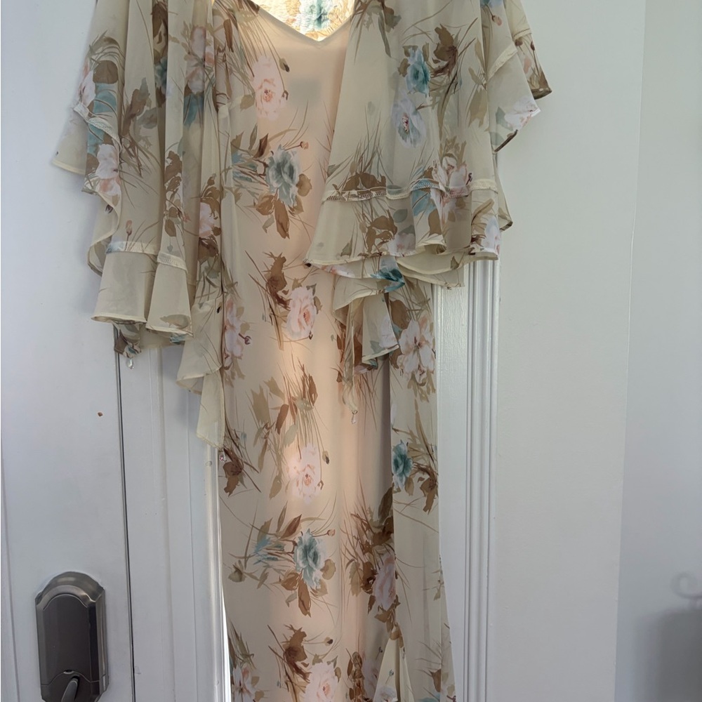 R&M Richards Beige Floral Maxi Dress with Teal and Blush Accents